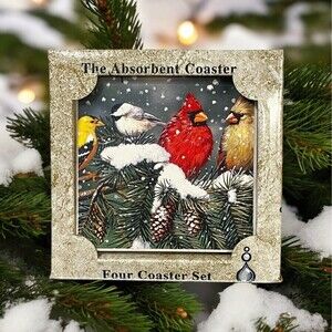 NIB AbsorbaStone Set 4 Tile Coasters Yellow, White & Red Cardinals Holiday USA